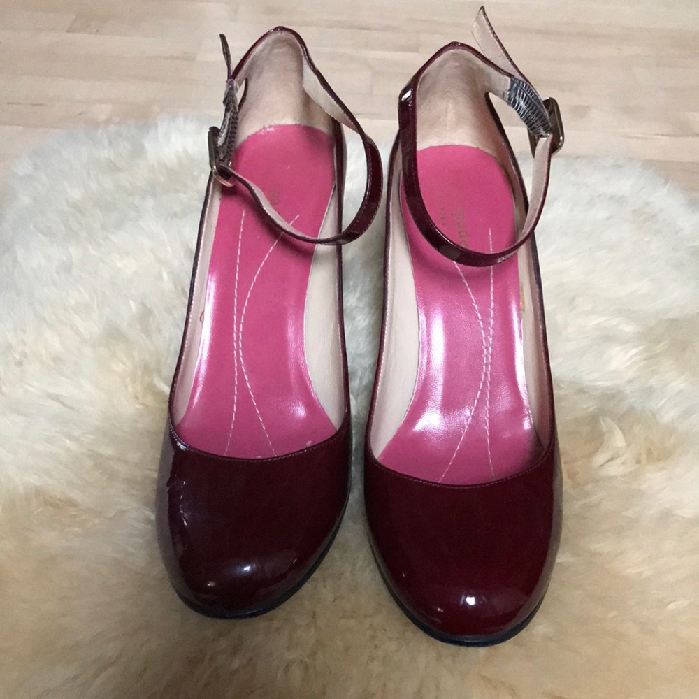 kate spade Burgundy Patent Leather Ankle Strap Heels with Pink Insoles